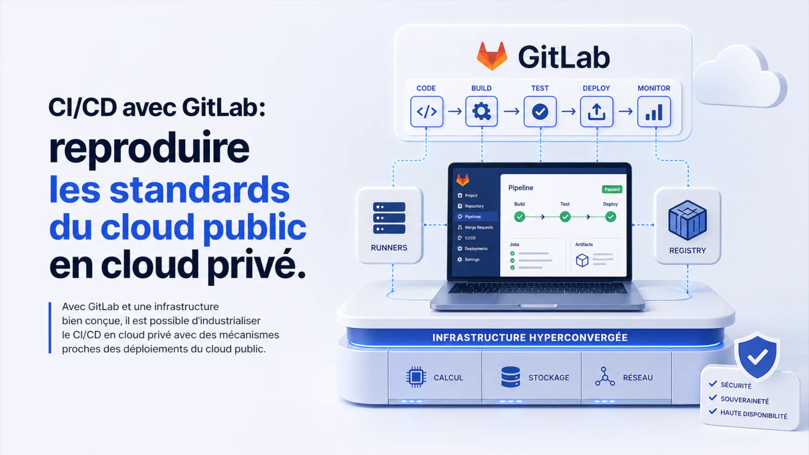 Illustration d'une plateforme CI/CD opérée en cloud privé sur infrastructure hyperconvergée