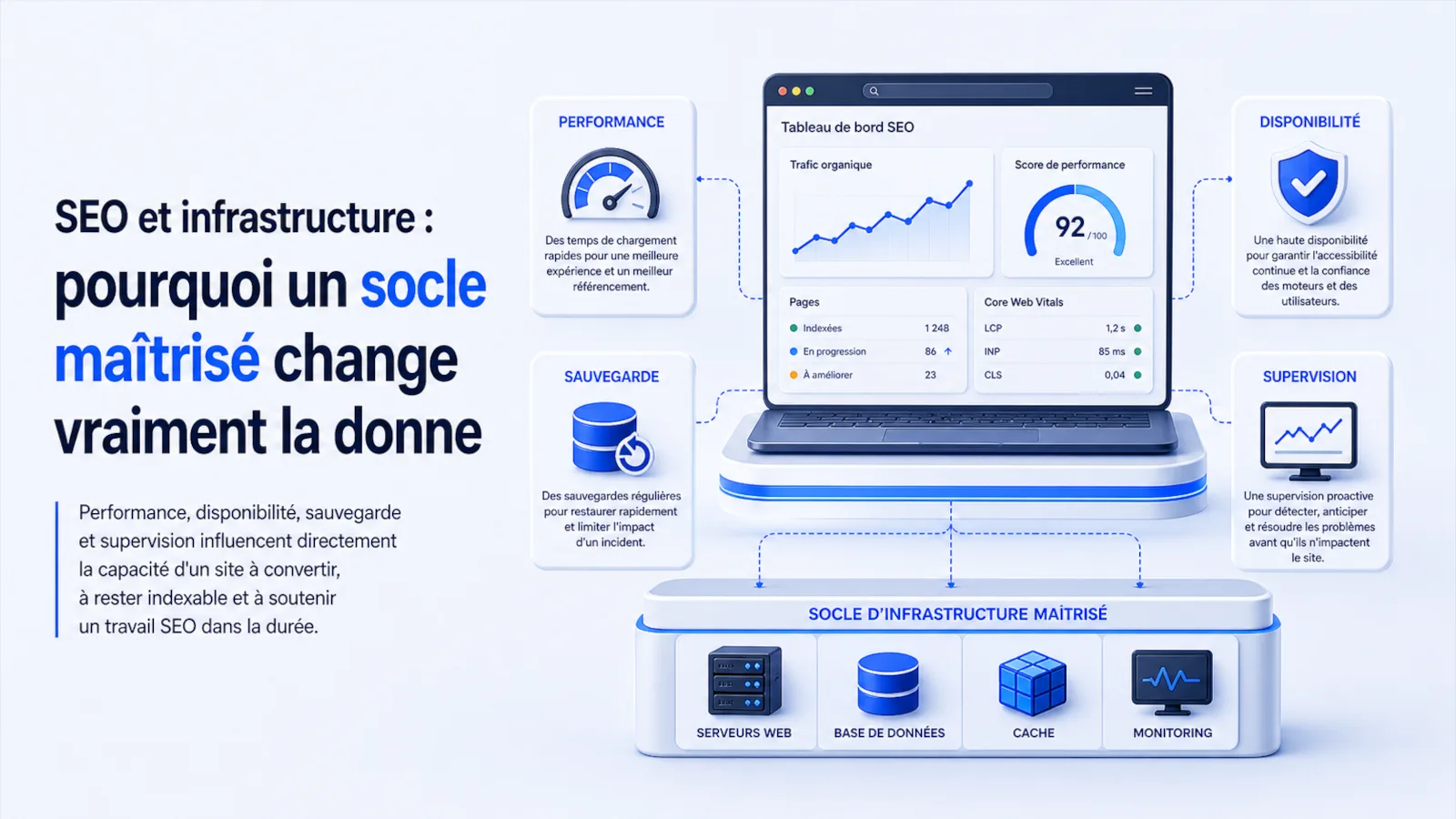 Illustration d'une infrastructure web performante et supervisée au service de la disponibilité et du SEO
