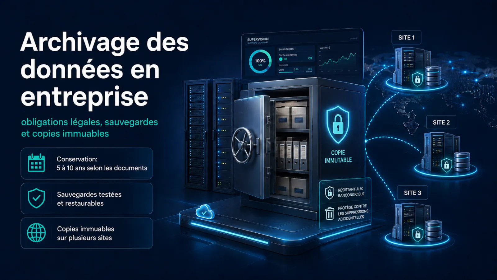 Illustration de l'archivage des données en entreprise avec sauvegardes redondantes, supervision et conservation maîtrisée