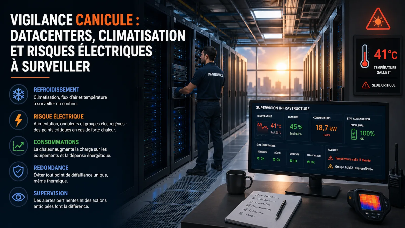 Illustration d'une vigilance canicule appliquée aux datacenters, au refroidissement et à la supervision infrastructure
