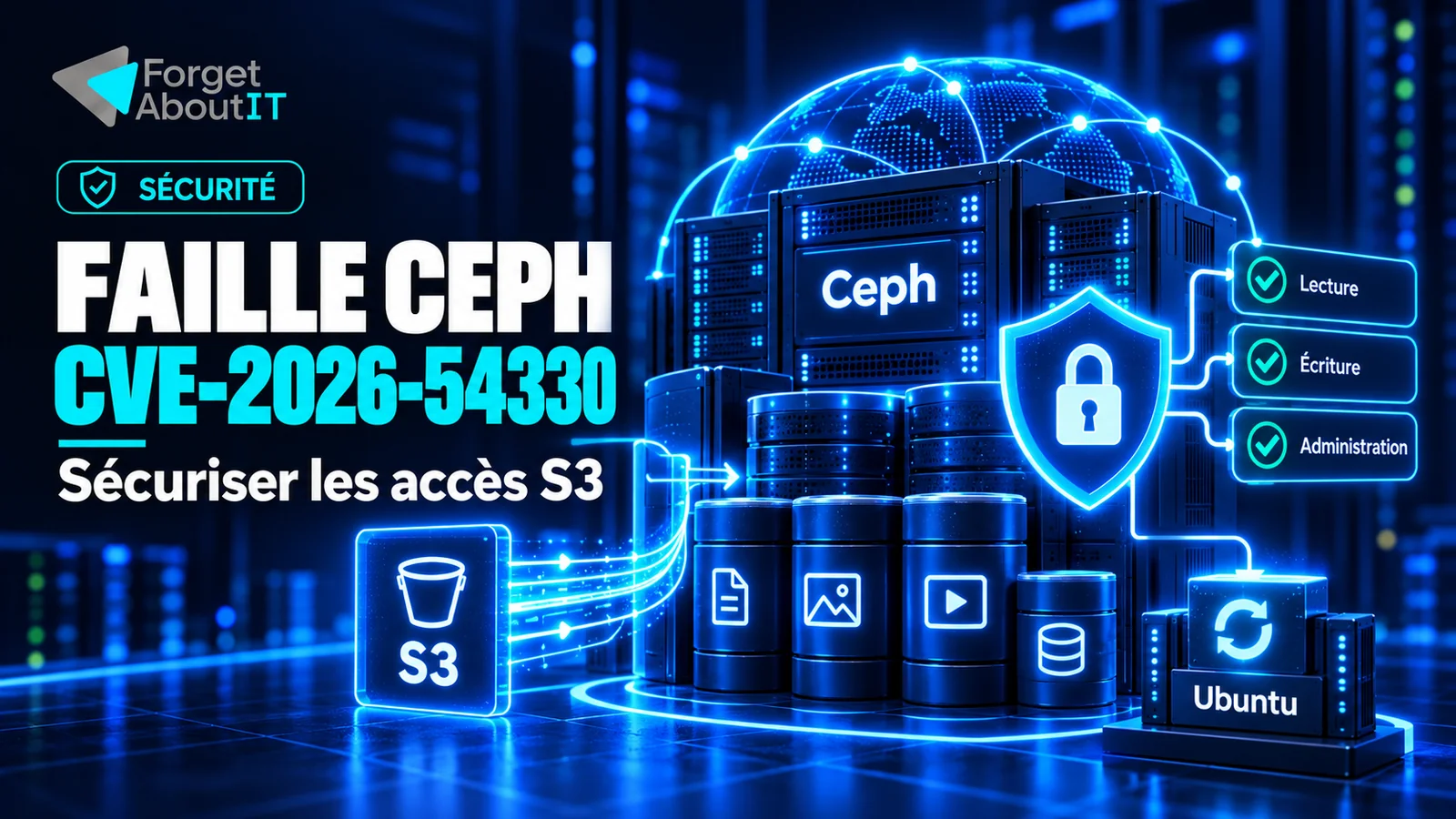 Faille Ceph CVE-2026-54330 : passerelle protégée et stockage distribué illustrant la sécurisation des accès S3.