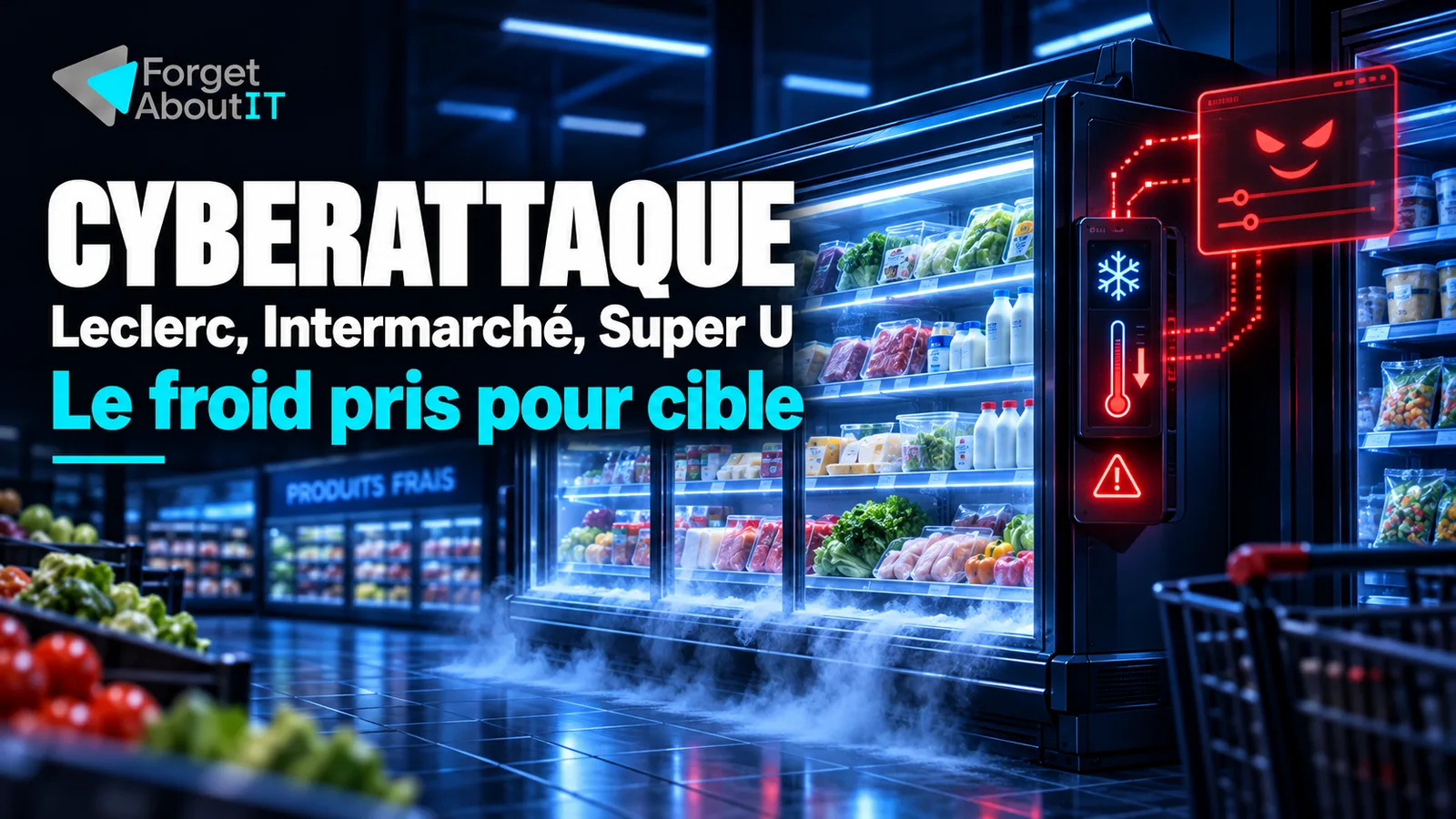Illustration d'une cyberattaque visant une vitrine frigorifique de supermarché, dans la palette bleu nuit, cyan et rouge de Forget About IT