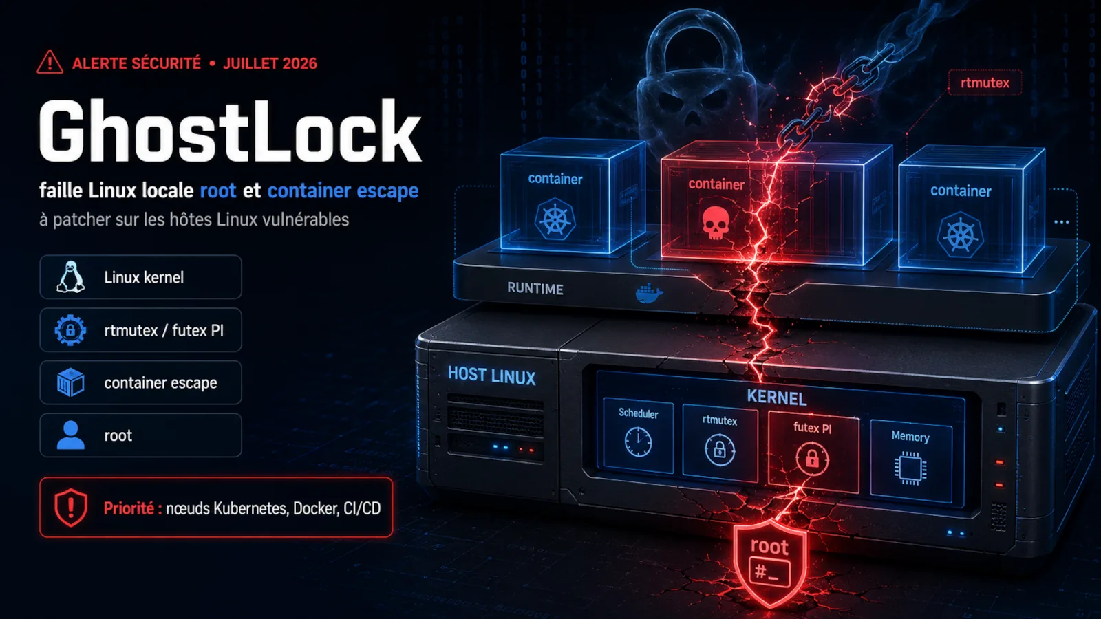 Illustration d'une veille sécurité CVE autour de GhostLock CVE-2026-43499 dans le noyau Linux