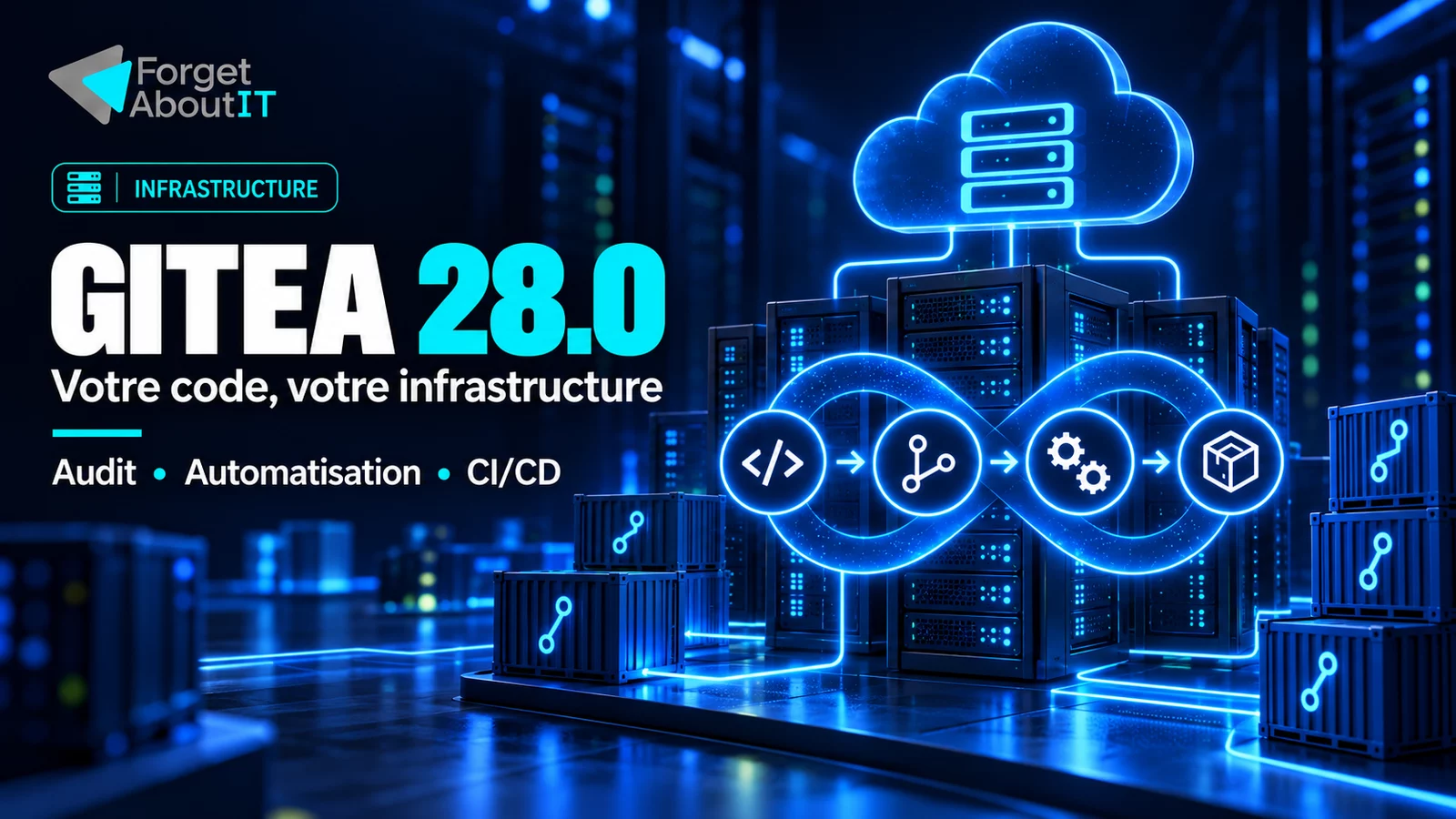 Gitea 28.0 : serveurs auto-hébergés reliés à des flux Git et à une chaîne CI/CD, sur fond bleu nuit et cyan.