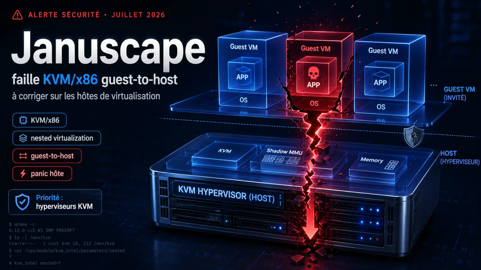 Illustration d'une alerte sécurité autour de Januscape CVE-2026-53359, KVM x86 et l'isolation guest-to-host
