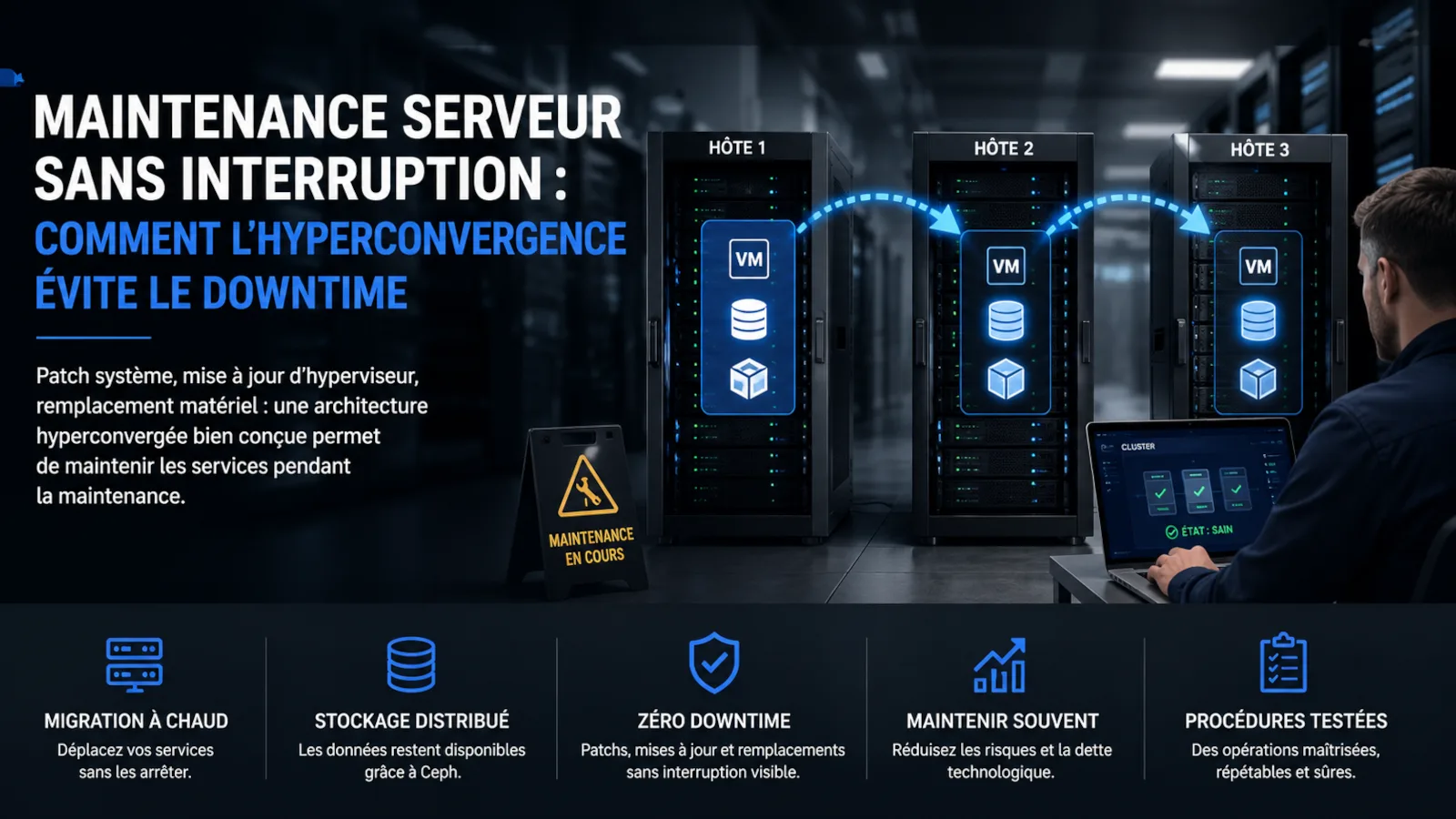 Schéma conceptuel d'une infrastructure hyperconvergée permettant de déplacer les services entre hôtes physiques pendant une maintenance