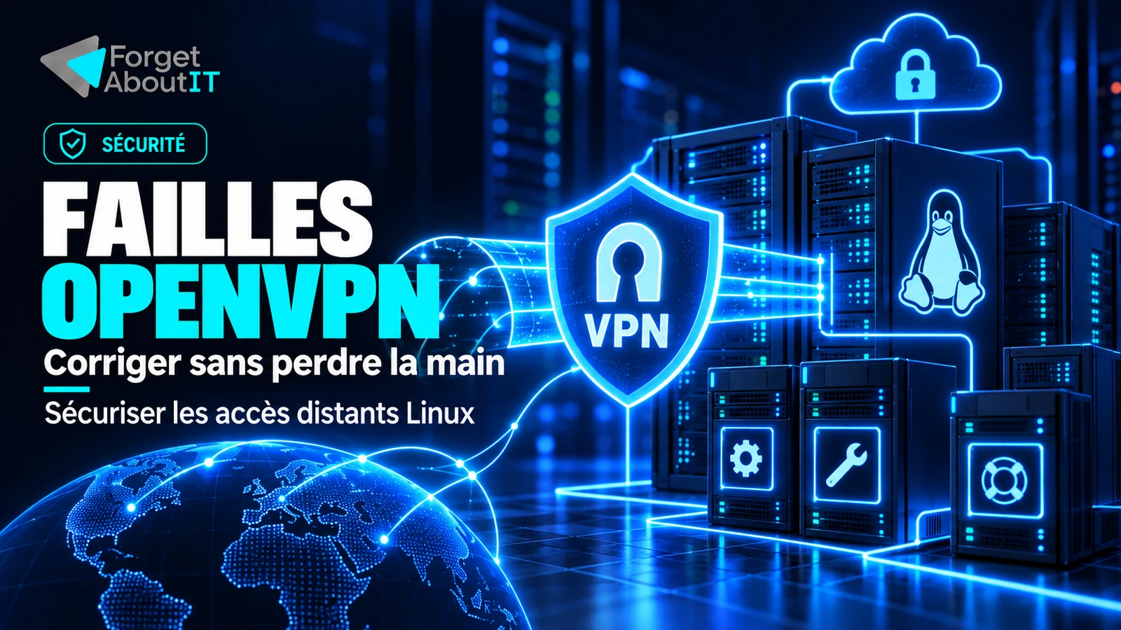 Failles OpenVPN : tunnel VPN protégé relié à des serveurs Linux, pour illustrer la sécurisation des accès distants sans perdre la main.
