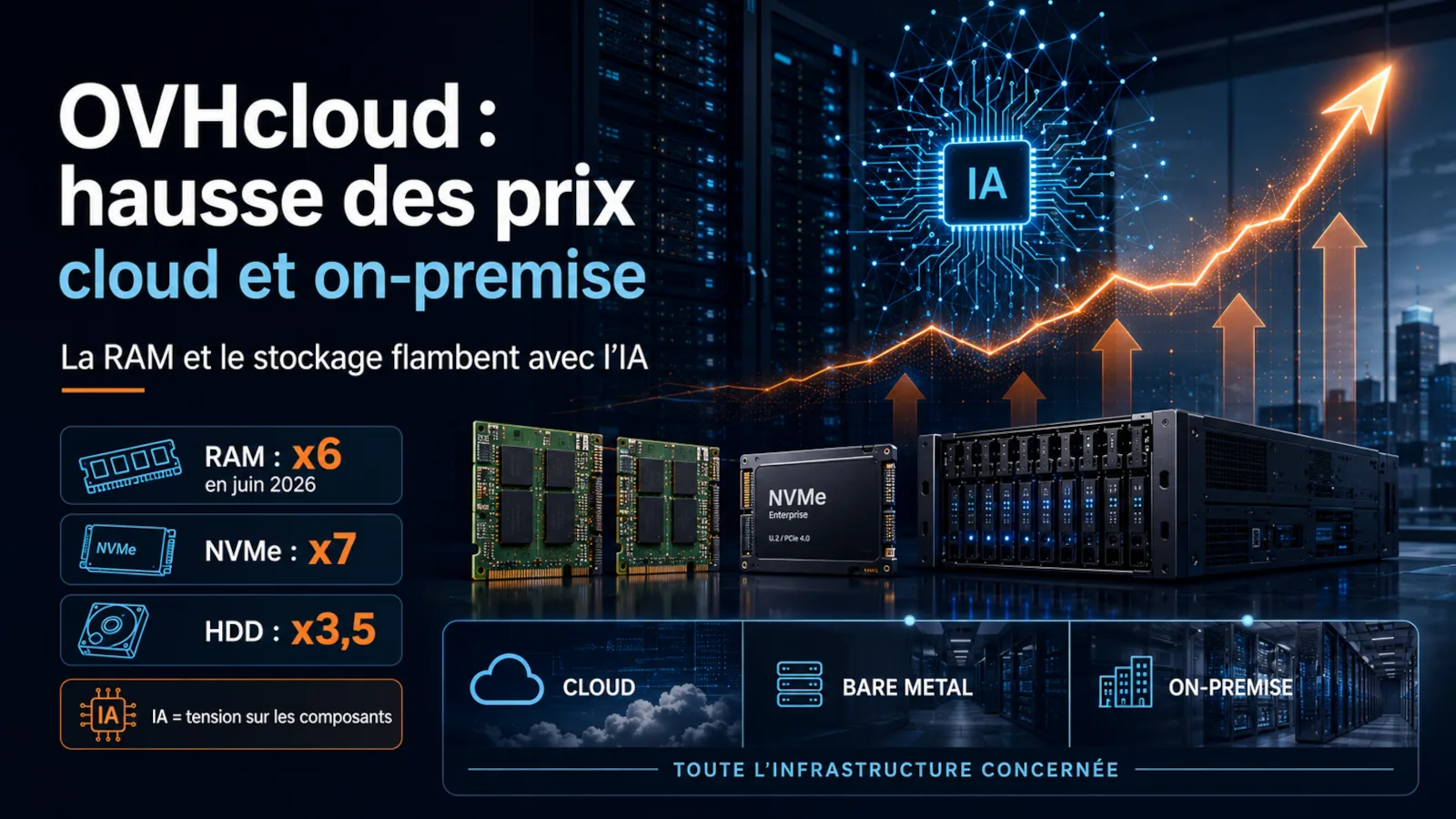 Illustration de la hausse des prix OVHcloud liée aux coûts de RAM, stockage et composants