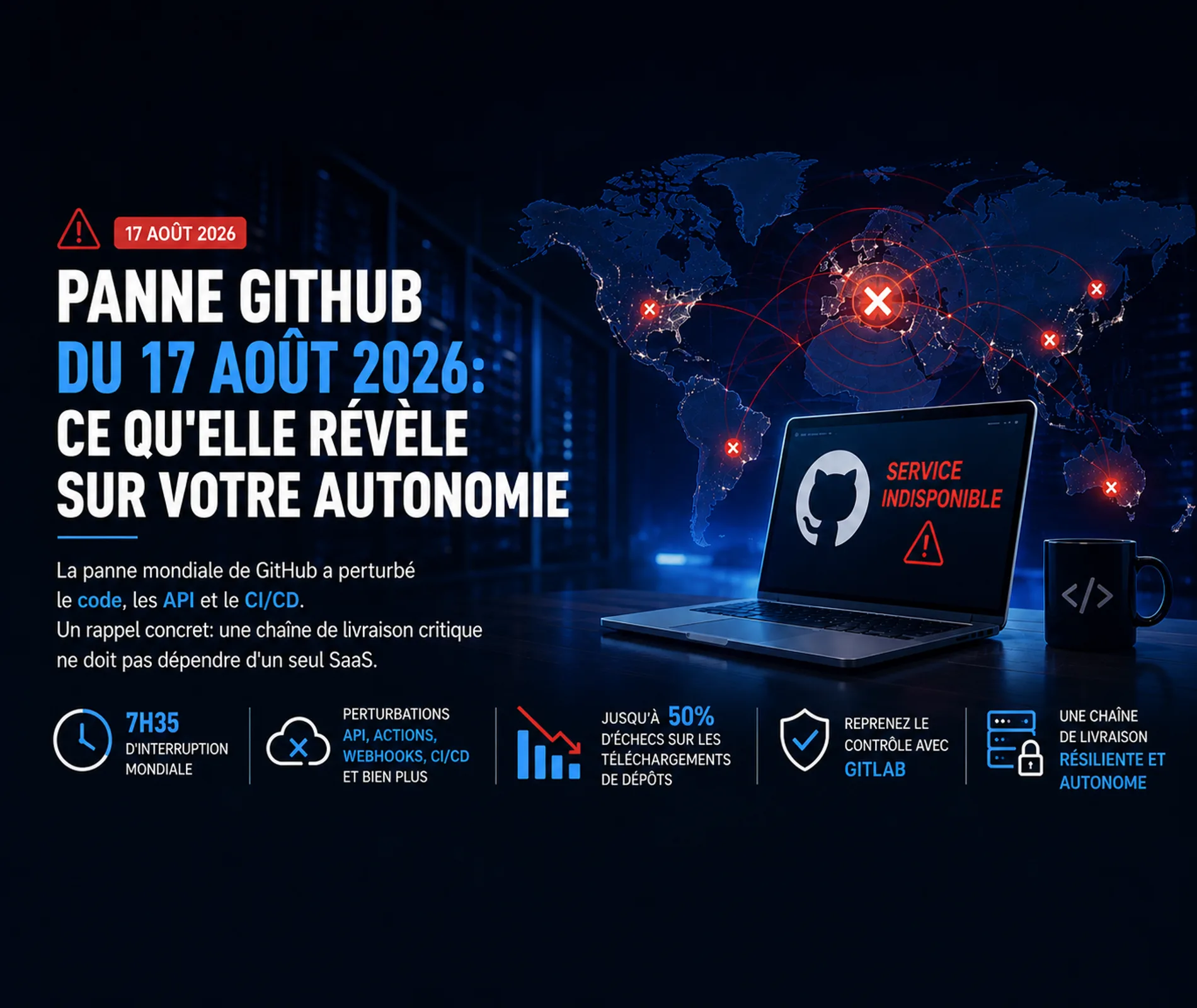 Carte mondiale illustrant la panne GitHub du 17 août 2026 et ses effets sur une chaîne de livraison CI/CD