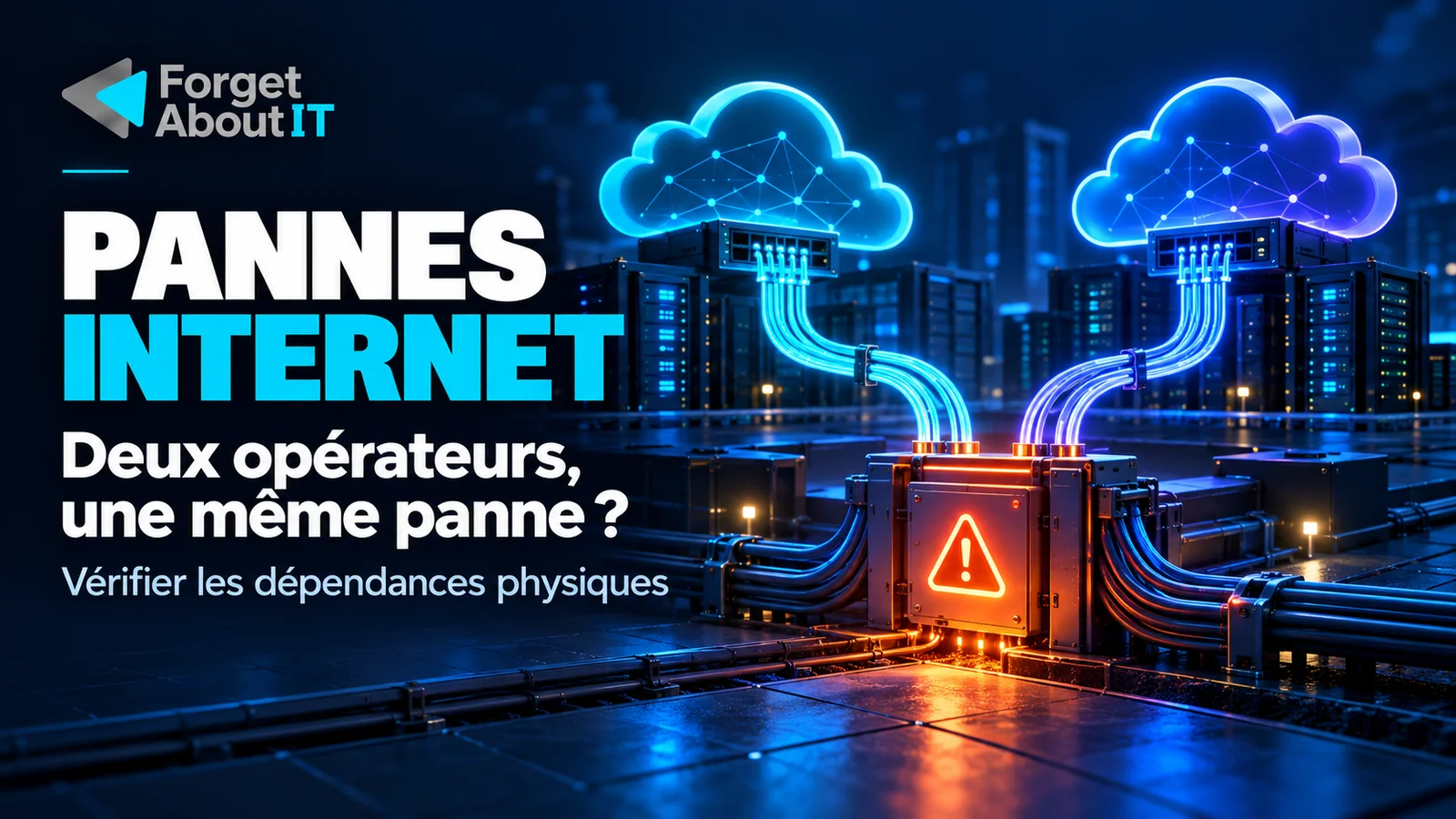 Deux réseaux cloud reliés à un même point de défaillance physique, illustrant les dépendances communes de deux opérateurs, avec le logo Forget About IT.