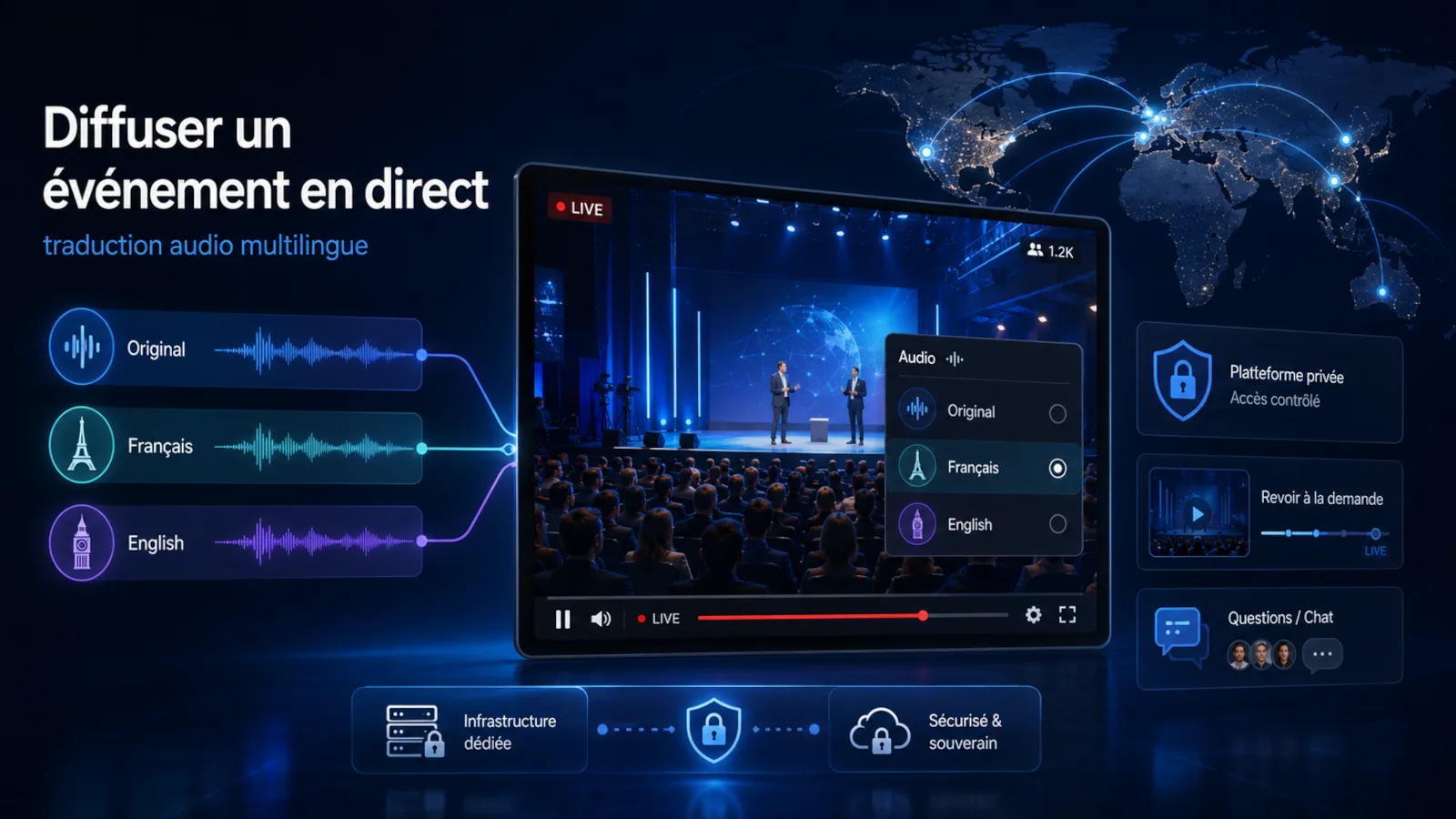 Illustration d'une plateforme de diffusion live privée avec traduction audio multilingue, VOD et interactions événementielles