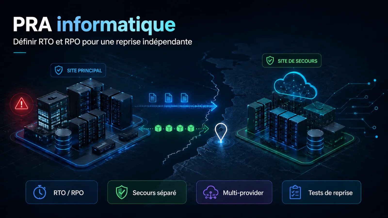 Schéma conceptuel d'un PRA séparé de l'infrastructure principale et réparti géographiquement
