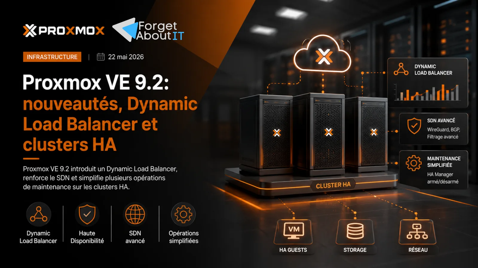Illustration Proxmox VE 9.2 avec cluster virtualisé, haute disponibilité et Dynamic Load Balancer
