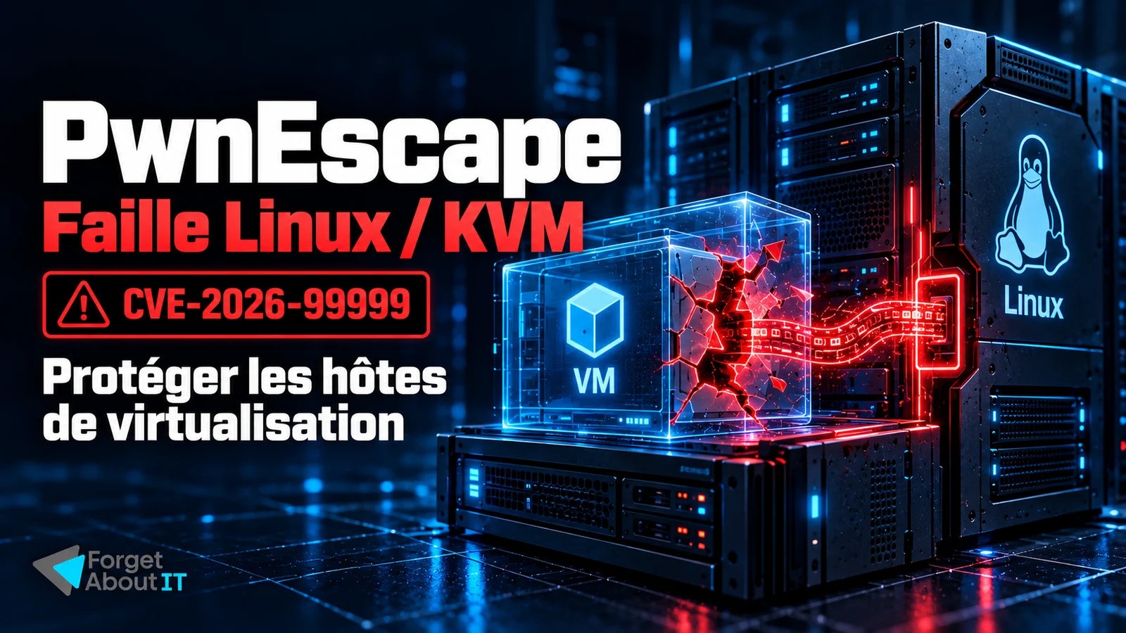 Illustration PwnEscape : une machine virtuelle traverse une isolation brisée vers un serveur Linux, avec la CVE-2026-99999 et le logo Forget About IT