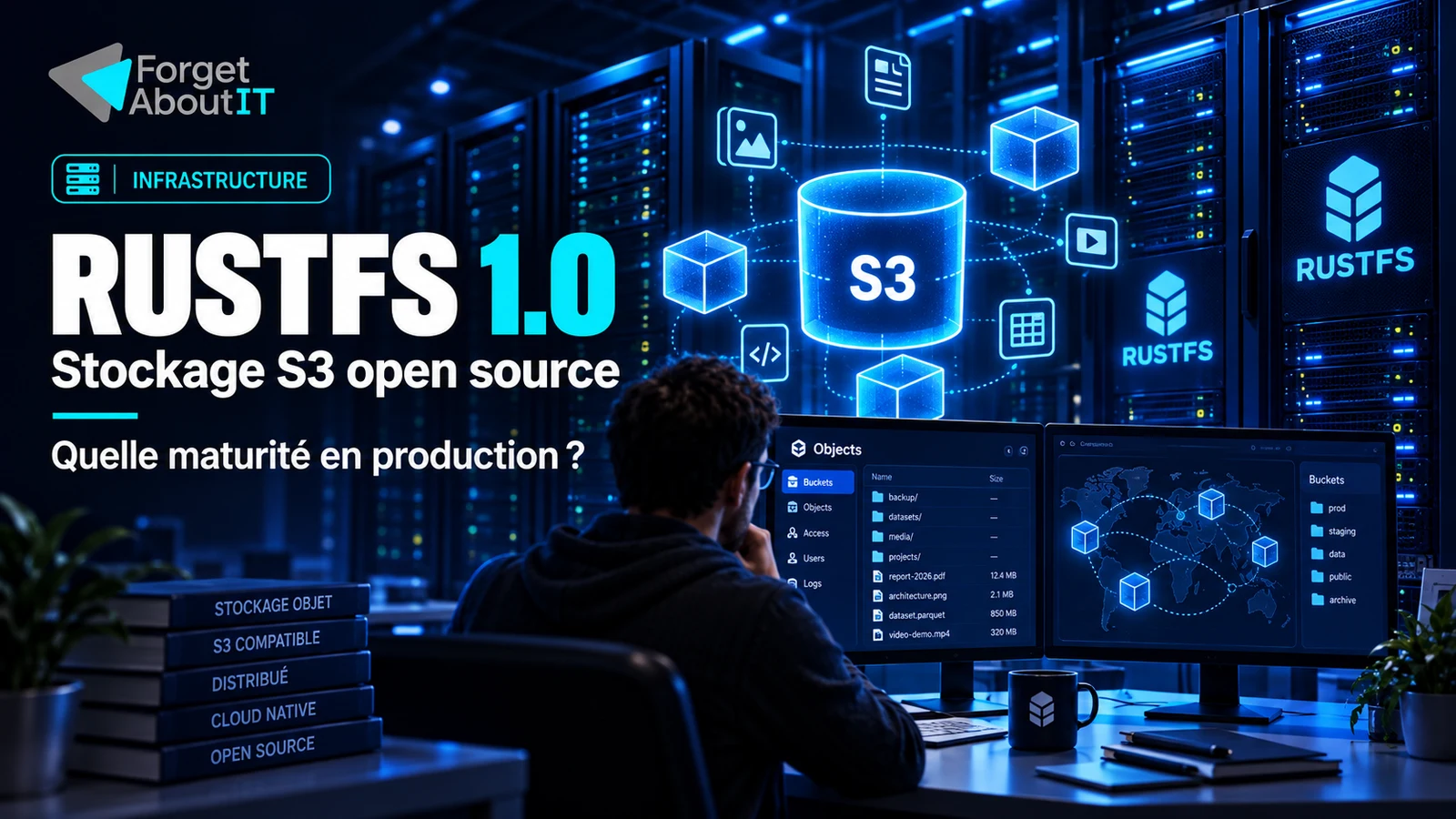 RustFS 1.0 : stockage S3 open source et maturité en production, illustrés par une infrastructure de stockage distribué.