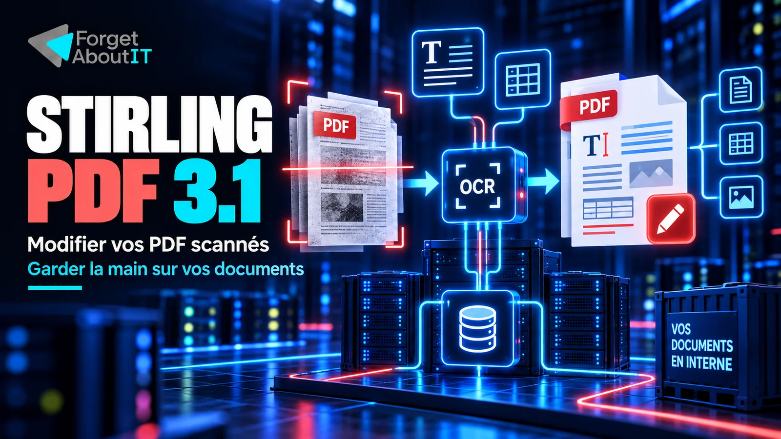 Stirling PDF 3.1 : documents et tableaux aux accents rouges reliés à une infrastructure interne, sur fond bleu nuit et cyan.