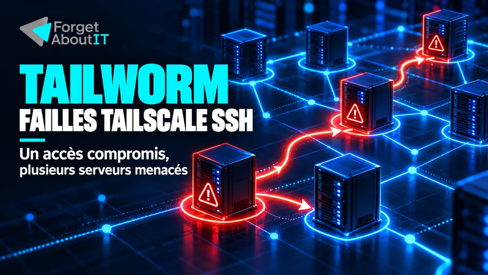 Tailworm et les failles Tailscale SSH : un chemin rouge relie plusieurs serveurs dans un réseau maillé bleu, illustrant la propagation depuis un accès compromis.