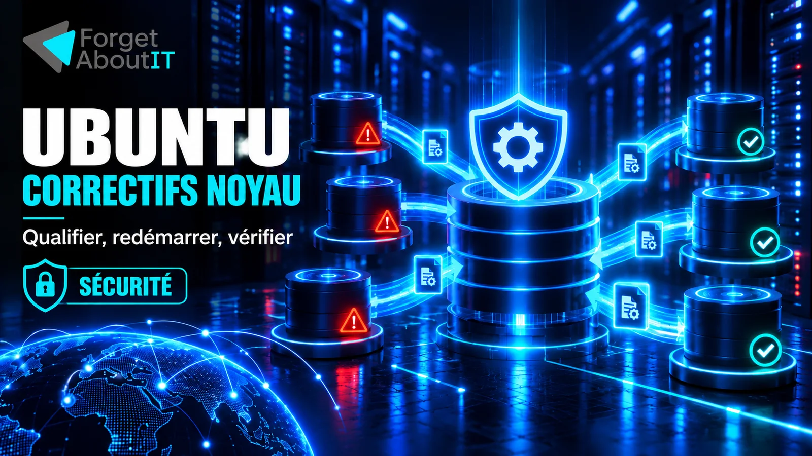 Correctifs du noyau Ubuntu : plusieurs branches de serveurs reliées à un noyau central protégé, sur fond bleu nuit et cyan.