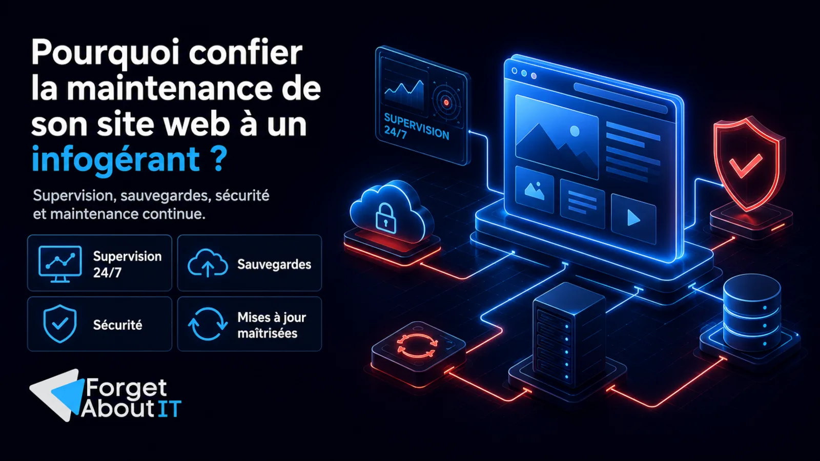 Illustration d'une infrastructure web supervisée et maintenue par un infogérant en complément du travail d'une agence web