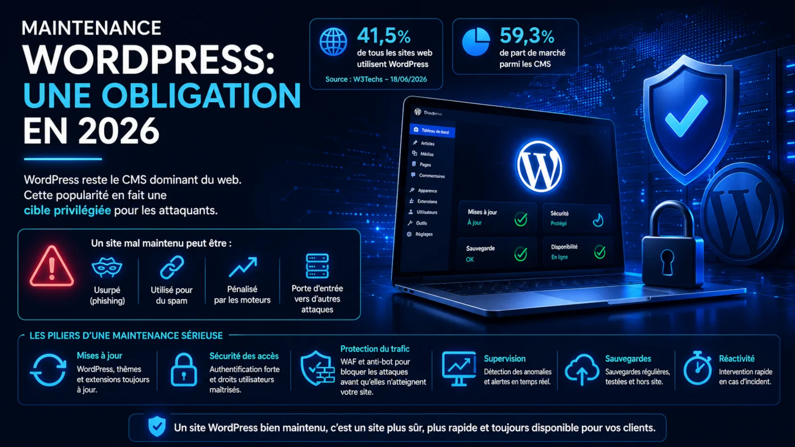 Illustration de la maintenance WordPress en 2026 avec protection, mises à jour et supervision