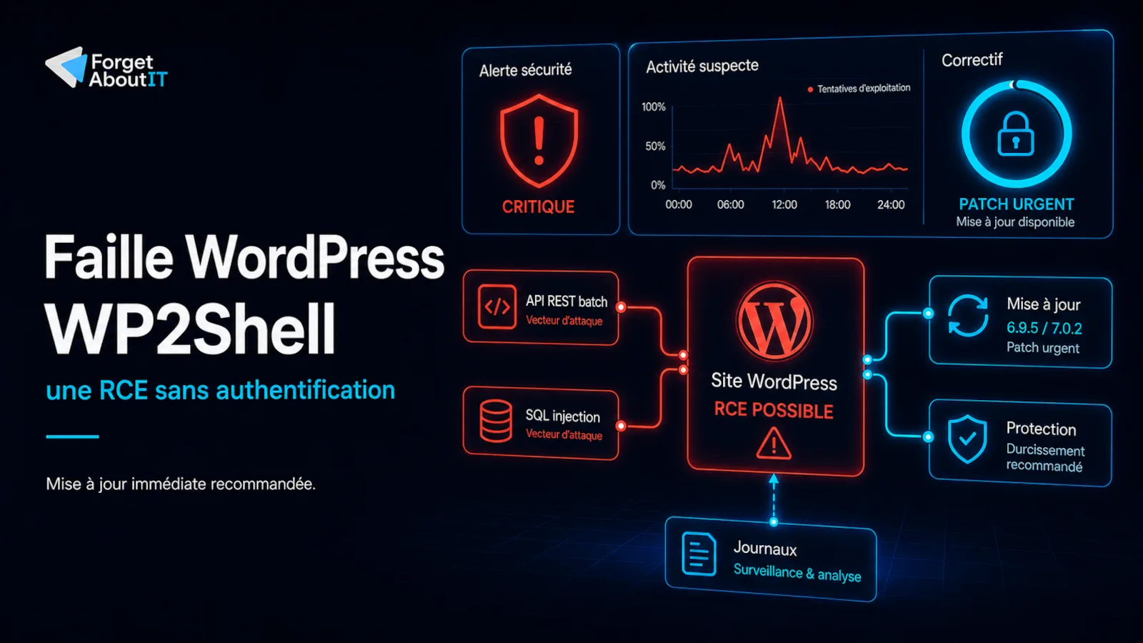 Illustration d'une alerte de sécurité et d'une maintenance urgente sur un site WordPress