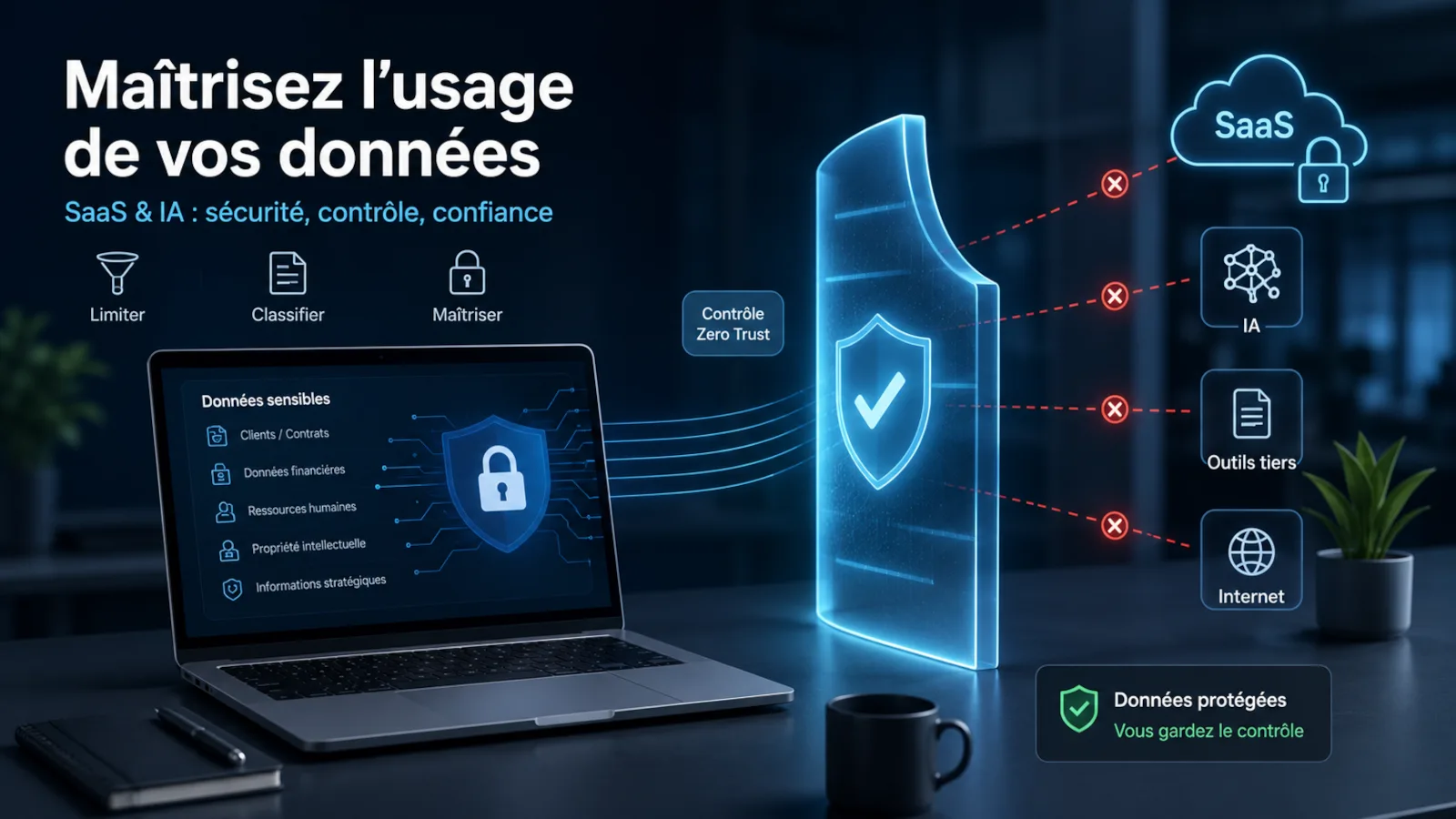 Illustration de la maîtrise des données dans les usages SaaS, IA et outils numériques tiers