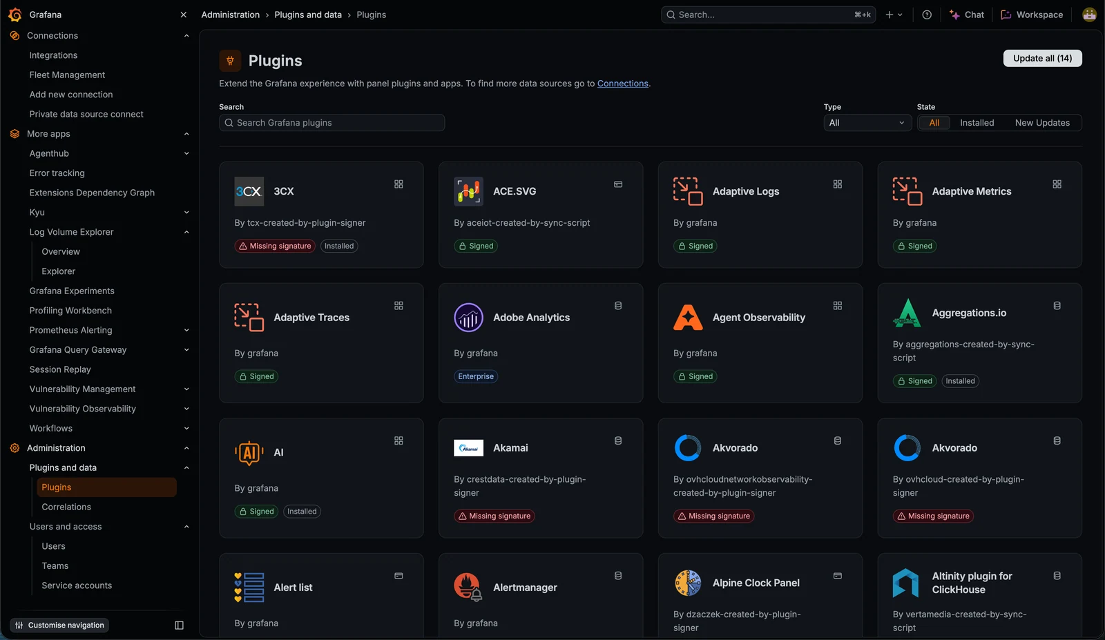 Capture officielle de la nouvelle interface sombre Grafana : page des plugins avec navigation latérale et cartes aux bordures arrondies.